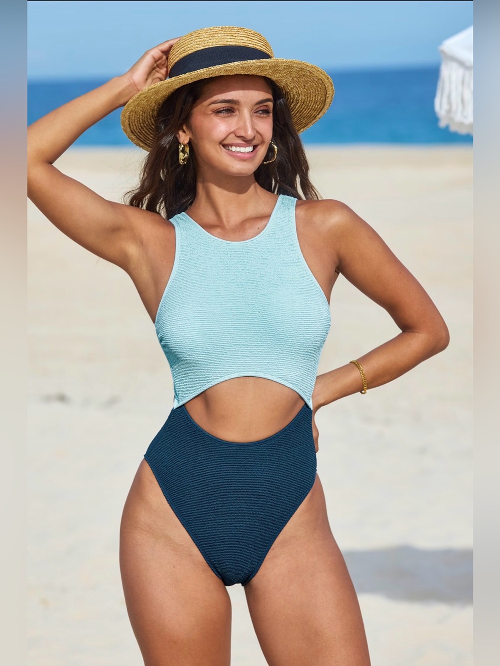 NWT CupShe Light Blue & Navy Cutout One-Piece Swimsuit - size M, L
